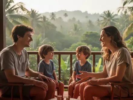 Eine junge Familie verbringt entspannt Zeit auf einer sonnigen Veranda mit Blick auf eine tropische Landschaft in Thailand. - Foto: über boerse-global.de