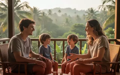 Eine junge Familie verbringt entspannt Zeit auf einer sonnigen Veranda mit Blick auf eine tropische Landschaft in Thailand. - Foto: über boerse-global.de
