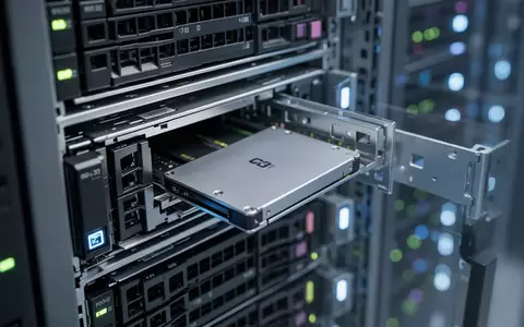 Nahaufnahme einer SSD-Festplatte, die in einen Server-Einschub eines NAS-Systems eingesetzt wird. - Foto: über boerse-global.de