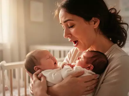 Ein Elternteil hält liebevoll ein Neugeborenes im Arm und singt dem Baby in einer hellen, freundlichen Umgebung sanft zu. - Foto: über boerse-global.de