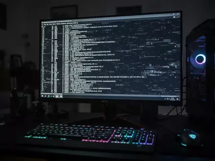 Ein dunkler Arbeitsplatz mit einem Gaming-PC, dessen Monitor flackernde Konsolenbefehle anzeigt, symbolisch für Malware. - Foto: über boerse-global.de
