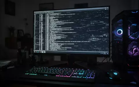 Ein dunkler Arbeitsplatz mit einem Gaming-PC, dessen Monitor flackernde Konsolenbefehle anzeigt, symbolisch für Malware. - Foto: über boerse-global.de