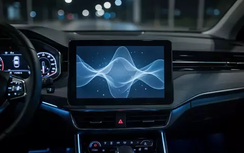Nahaufnahme eines modernen Infotainment-Bildschirms in einem Auto bei Nacht mit bläulicher Beleuchtung. - Foto: über boerse-global.de