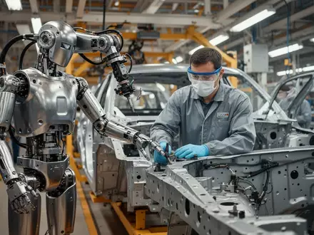 Ein humanoider Roboter arbeitet neben einem Fabrikarbeiter an einem Fahrzeugchassis in einer modernen Automobilfabrik. - Foto: über boerse-global.de