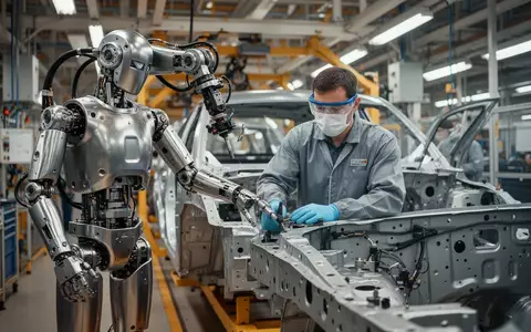 Ein humanoider Roboter arbeitet neben einem Fabrikarbeiter an einem Fahrzeugchassis in einer modernen Automobilfabrik. - Foto: über boerse-global.de