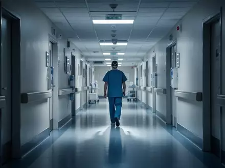 Ein einsamer Mitarbeiter geht einen sterilen Krankenhausflur entlang, was die Atmosphäre der Verunsicherung im Gesundheitswesen widerspiegelt. - Foto: über boerse-global.de