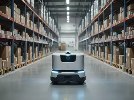 Ein autonomer Lieferroboter bewegt sich durch ein modernes, automatisiertes Lagerhaus. - Foto: über boerse-global.de