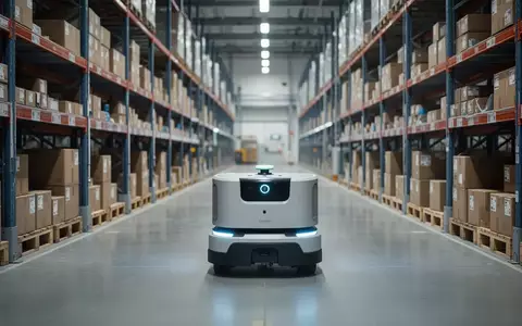 Ein autonomer Lieferroboter bewegt sich durch ein modernes, automatisiertes Lagerhaus. - Foto: über boerse-global.de
