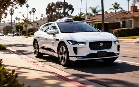 Ein autonomes Waymo-Fahrzeug fährt auf einer sonnigen Straße in Santa Monica während einer regulatorischen Überprüfung. - Foto: über boerse-global.de