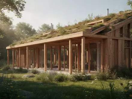 Ein modernes, nachhaltiges Architekturprojekt mit Holzfassade, Dachbegrünung und neu gepflanzten Bäumen in der Außenanlage. - Foto: über boerse-global.de