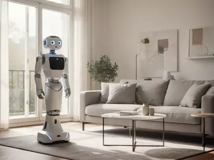 Ein humanoider Roboter steht in einem modernen, hellen Wohnzimmer in einer Wohnung. - Foto: über boerse-global.de