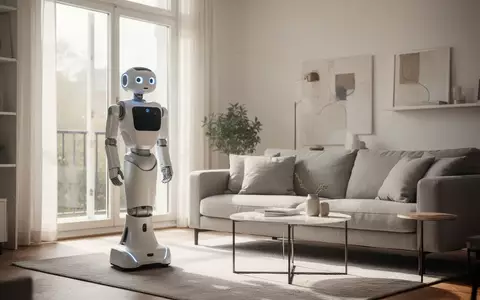 Ein humanoider Roboter steht in einem modernen, hellen Wohnzimmer in einer Wohnung. - Foto: über boerse-global.de