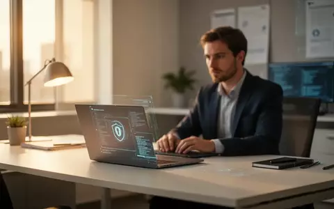 Ein moderner, aufgeräumter Büroarbeitsplatz mit Laptop, der Fokus auf digitale Sicherheit und Datenschutz vermittelt. - Foto: über boerse-global.de