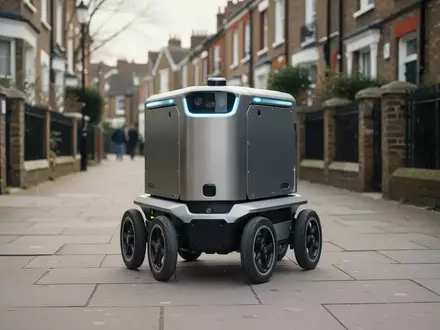 Ein sechsrädriger autonomer Lieferroboter fährt auf einem Gehweg in einem Wohnviertel. - Foto: über boerse-global.de