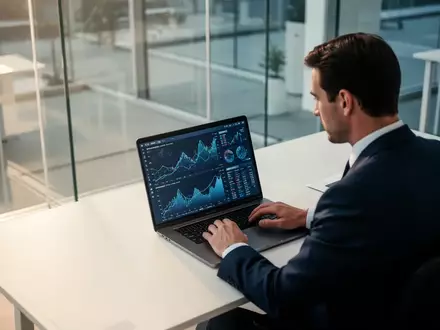 Ein Finanzanalyst arbeitet in einem modernen Büro an digitalen Finanzdaten und Blockchain-Analysen auf einem Laptop. - Foto: über boerse-global.de
