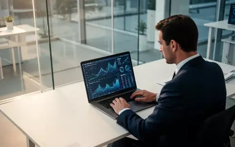 Ein Finanzanalyst arbeitet in einem modernen Büro an digitalen Finanzdaten und Blockchain-Analysen auf einem Laptop. - Foto: über boerse-global.de