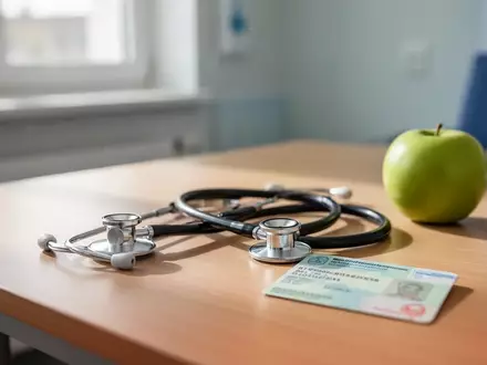 Ein Stethoskop und ein grüner Apfel auf einem Schreibtisch in einer Arztpraxis als Symbol für präventive Gesundheitspolitik. - Foto: über boerse-global.de