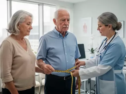 Ein Arzt misst bei einem älteren Mann den Taillenumfang in einer modernen Praxis. - Foto: über boerse-global.de