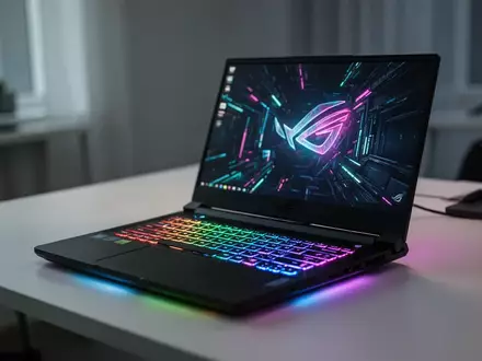 Ein aufgeklappter Gaming-Laptop mit beleuchteter Tastatur auf einem modernen Schreibtisch in einer professionellen Umgebung. - Foto: über boerse-global.de