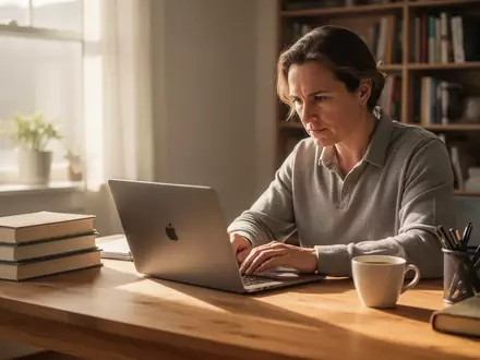 Eine Lehrkraft arbeitet konzentriert an einem Laptop an einem hellen Schreibtisch im Home-Office. - Foto: über boerse-global.de