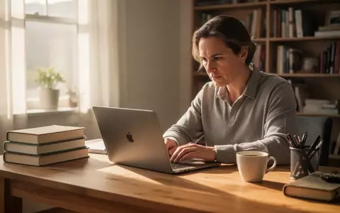 Eine Lehrkraft arbeitet konzentriert an einem Laptop an einem hellen Schreibtisch im Home-Office. - Foto: über boerse-global.de
