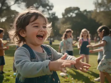 Ein Kind spielt lachend in einem sonnigen Park gemeinsam mit anderen Kindern, während es unbeschwerte Momente erlebt. - Foto: über boerse-global.de