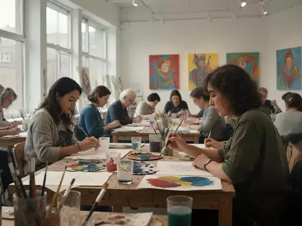 Menschen malen und zeichnen gemeinsam an Tischen in einem hellen, einladenden Kunstraum für soziale Begegnungen. - Foto: über boerse-global.de