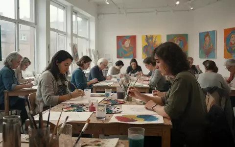 Menschen malen und zeichnen gemeinsam an Tischen in einem hellen, einladenden Kunstraum für soziale Begegnungen. - Foto: über boerse-global.de