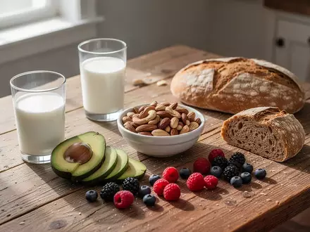 Ein hölzerner Tisch mit gesunden Lebensmitteln wie Vollmilch, Nüssen, Avocado und Beeren bei natürlichem Lichteinfall. - Foto: über boerse-global.de