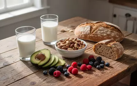 Ein hölzerner Tisch mit gesunden Lebensmitteln wie Vollmilch, Nüssen, Avocado und Beeren bei natürlichem Lichteinfall. - Foto: über boerse-global.de
