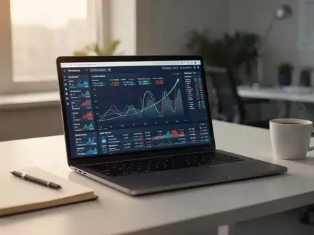 Ein moderner, aufgeräumter Arbeitsplatz mit einem Laptop, auf dem Finanzdiagramme zu sehen sind, in natürlichem Licht. - Foto: über boerse-global.de