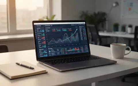 Ein moderner, aufgeräumter Arbeitsplatz mit einem Laptop, auf dem Finanzdiagramme zu sehen sind, in natürlichem Licht. - Foto: über boerse-global.de