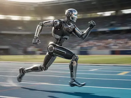 Ein humanoider Roboter in voller Laufbewegung auf einer professionellen Leichtathletikbahn in einem Stadion. - Foto: über boerse-global.de