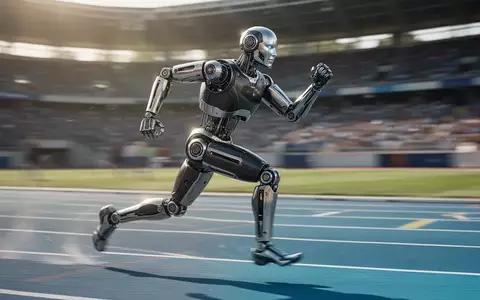 Ein humanoider Roboter in voller Laufbewegung auf einer professionellen Leichtathletikbahn in einem Stadion. - Foto: über boerse-global.de