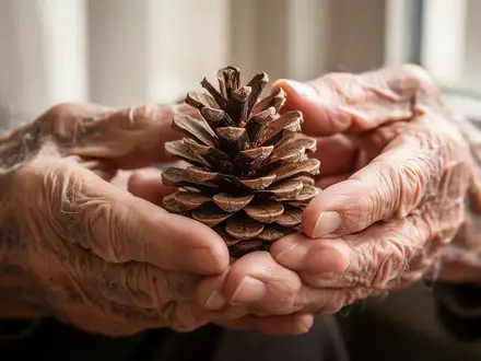 Die Hände einer älteren Person halten behutsam einen Tannenzapfen, um durch haptische Reize Erinnerungen zu aktivieren. - Foto: über boerse-global.de