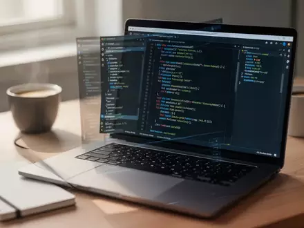 Ein moderner Arbeitsplatz mit einem Laptop, auf dem Programmiercode zu sehen ist, in einer professionellen Büroumgebung. - Foto: über boerse-global.de