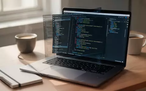 Ein moderner Arbeitsplatz mit einem Laptop, auf dem Programmiercode zu sehen ist, in einer professionellen Büroumgebung. - Foto: über boerse-global.de