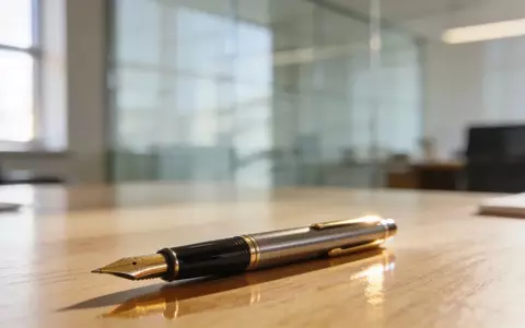 Ein minimalistischer, heller Schreibtisch mit einem Füllfederhalter vor einer verschwommenen Büro-Glasfront. - Foto: über boerse-global.de