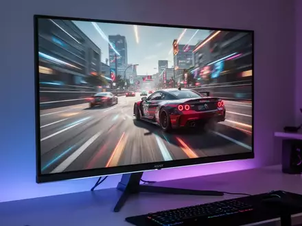Ein moderner Gaming-Monitor auf einem Schreibtisch zeigt ein schnelles Videospiel mit Bewegungsunschärfe. - Foto: über boerse-global.de