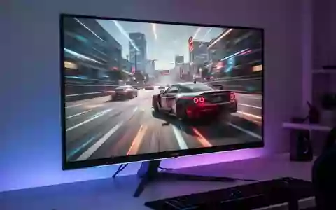 Ein moderner Gaming-Monitor auf einem Schreibtisch zeigt ein schnelles Videospiel mit Bewegungsunschärfe. - Foto: über boerse-global.de