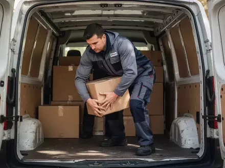 Zusteller beim rückenschonenden Anheben eines Pakets im Innenraum eines Lieferwagens. - Foto: über boerse-global.de