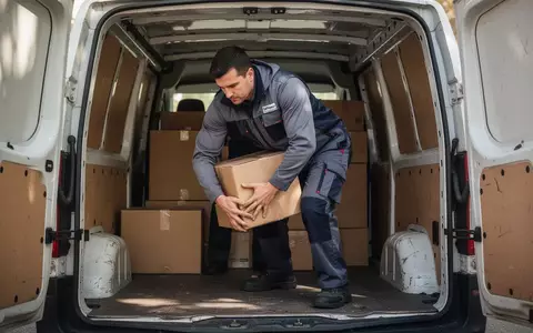 Zusteller beim rückenschonenden Anheben eines Pakets im Innenraum eines Lieferwagens. - Foto: über boerse-global.de