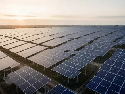 Moderne Solarpark-Anlage mit Photovoltaik-Modulen bei Sonnenuntergang. - Foto: über boerse-global.de