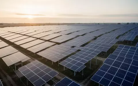 Moderne Solarpark-Anlage mit Photovoltaik-Modulen bei Sonnenuntergang. - Foto: über boerse-global.de