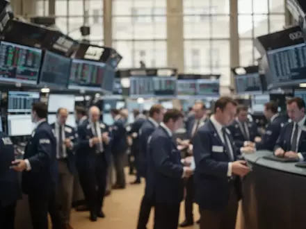 Ein moderner Börsensaal mit verschwommenen Finanzexperten in einer professionellen Arbeitsumgebung. - Foto: über boerse-global.de