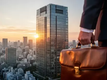 Ein modernes Bürogebäude in Tokio bei Sonnenuntergang, fokussiert auf einen Anzug und einen Aktenkoffer im Vordergrund. - Foto: über boerse-global.de
