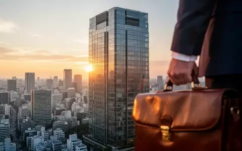 Ein modernes Bürogebäude in Tokio bei Sonnenuntergang, fokussiert auf einen Anzug und einen Aktenkoffer im Vordergrund. - Foto: über boerse-global.de