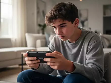 Ein Jugendlicher spielt konzentriert auf einem Handheld-Gerät in einer hellen, wohnlichen Umgebung. - Foto: über boerse-global.de