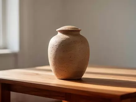 Eine schlichte, biologisch abbaubare Urne steht in einem hellen, minimalistisch eingerichteten Raum. - Foto: über boerse-global.de