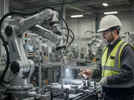 Ein technischer Mitarbeiter arbeitet in einer modernen Fabrikhalle an der Seite eines Industrieroboters. - Foto: über boerse-global.de
